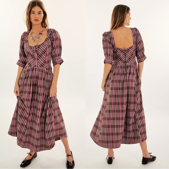 Free People Tulie Plaid Midi Dress Pink Brown Small NWT Western Prairie Preppy - Picture 15 of 17